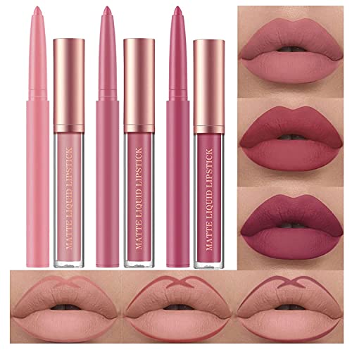 6 Stück Matt Lippenstift & Lip Liner Set, Velvety Nude Lipstick, Stay On 24 Hours Waterproof Non-Stick Cup Not Fade Liquid Lipstick, Lip Liner Lip Gloss Make Up Gift Set (Set A)