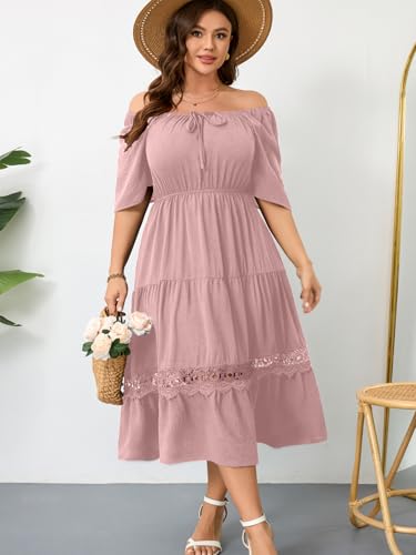 Image of RWJ Women's Plus Size Maxi Dress Short Sleeve Square Neck Flowy A-Line Lace Trim Flutter Party Casual Off Shoulder Dresses
