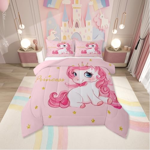 Erosebridal Pink Unicorn Queen Bed Comforter Set for Girls | Kawaii Princess Unicorn Bedding Set Cute Stars Reversible Bed Sets Girly Cartoon Horse Quilt Comforter Fantasy Girls Room Decor,3 Pcs