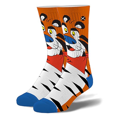 Odd Sox – Tony The Tiger Frosted Flakes – Novelty Crew Socks – Size Large – Men's 8–12 / Women's 9.5–13.5 – Cereal Gift Socks – Durable Knit Comfort – Comfortable Everyday Graphic Design