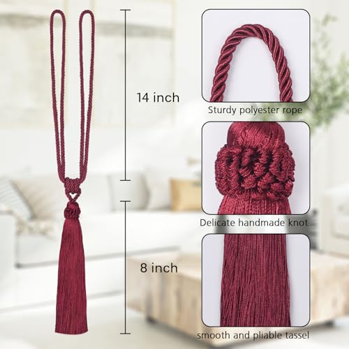 NICEEC 2 Pack Long Tassel Curtain Tiebacks European Style Decorative Drape Tie Backs Elegant Handmade Braided Rope Knot Curtain Holdbacks for Home & Office Window Drapery (Wine Red) - Thumbnail 3