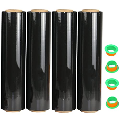 Image of 4 Pack Black Stretch Wrap 18 inch x 1000 Feet 80 Gauge Industrial Strength with Plastic Handle, Plastic Pallet Supplies Durable Self-Adhering for Packing, Moving, Heavy Duty Shrink Film Rolls