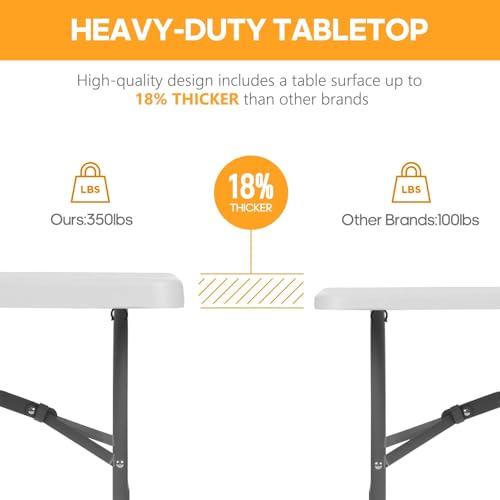 Fenbeli Upgraded 18% Thickened Folding Table 6ft Made of HDPE Plastic, Heavy Duty (25lb), Stable Thicker Legs, Dining Indoor Outdoor for Camping, Picnic and Party (Pearl White) by Fenbeli - Image 4