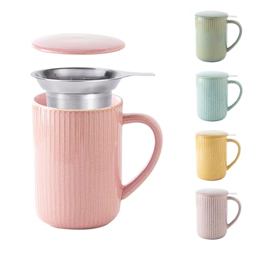 Yundu Tasses à thé en céramique rose flambe de 470 ml avec infuseur et couvercle, tasse à thé en vrac