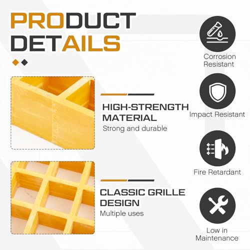 Image of Cinnvoice 1 Pcs Fiberglass Molded Grating, Non-Slip Frp Bar Grate Panel 1.5 inch Square Open Mesh Industrial Grating for Floor, Platform, Deck, Drain Trench, Car Wash (36 x 25 x 1.5 Inches,Yellow)