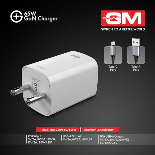 Image of GM G+ 65W Mobile Fast Charging Adapter | GaN Technology | 2 USB Port - Type C & A | Compatible with Iphone 16, 15, 14, Samsung, Type C Laptops, MacBook, Dell, HP, ASUS | BIS Certified PD Charger