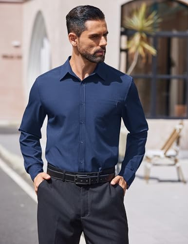 COOFANDY Mens Dress Shirts Long Sleeve Wrinkle Free Shirt Textured Business Casual Button Down Shirt Deep Blue - Image 2
