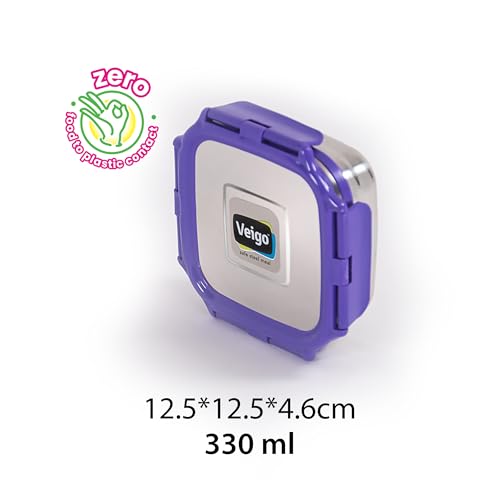 Image of Veigo Original Stainless Steel Snack Box 300 ml, Airtight Leakproof Kids Snacks Box for School & Office, Freezer Dishwasher Safe, Silicone Ring Polymer Frame, Safe Lid Lock, Compact Lunch Box - Purple