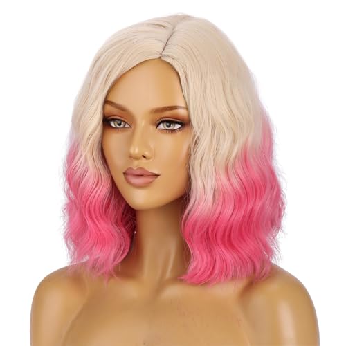 Image of BERON Light Blonde Ombre Pink Wigs Short Curly Wave Wigs for Women Girls Shoulder Length Wavy Heat Resistant Synthetic Wig Cosplay Costume Party or Daily