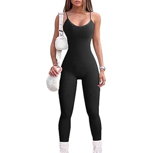 Women Workout Seamless Jumpsuit Yoga Ribbed Bodycon One Piece Spaghetti Strap Leggings Romper