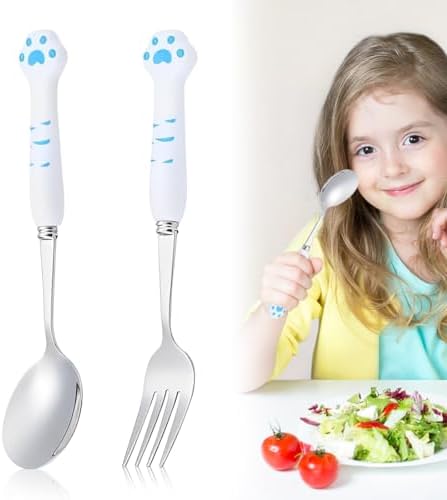 Set Posate Bambini Zampa Di Gatto - 2 Pezzi In Acciaio Inox, Blu - Foto 6