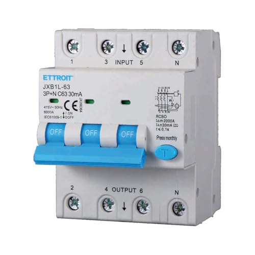 A2ZWORLD Interrupteur magnétothermique différentiel triphasé, type A 30 mA, RCBO Classe A 4P C63 63A, courbe C 3P+N 6000A, occupe 4 modules DIN, AC 400 V IP20