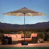 wikiwiki 10FT Solar Led Patio Umbrella with Base, Sturdy Outdoor Market Umbrella for Deck, Pool, Garden w/Tilt, Crank, 32 LED Lights, Tan