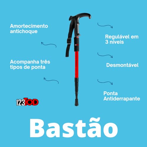 Kit 2 Bastão Bengala Cajado Retrátil Alumínio Caminhada Trekking Altura Regulável Vermelho
