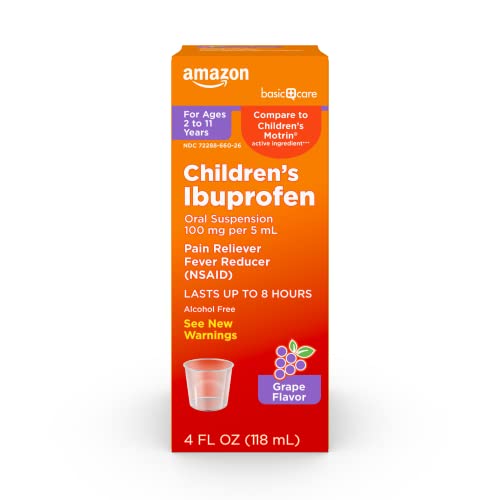 Image of Amazon Basic Care Children's Ibuprofen Oral Suspension 100 mg per 5 mL, Pain Reliever and Fever Reducer, Grape , for Minor Aches and Pains, Sore Throat, Headache Relief and More, 4 fl oz (Pack of 1)