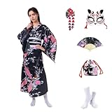KRUIHAN Conjunto de Yukata Kimono Japonés Mujer,Bata Saten con Obi y Moño,Disfraz Geisha para Fotografías,Escenarios y Fiestas,con Accesorios en Caja de Regalo,Motivo de Pavo Real,Negro