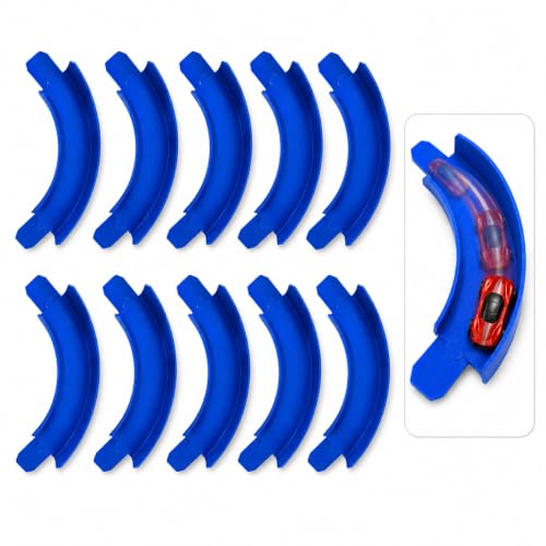 10-Pack Blue Curved Track Pieces with Raised Outer Walls – Tight Friction-Fit 90° Corner Turns, Add-On Parts for 1-64 Scale Track Systems – Compatible with Hot Wheels Track Sets