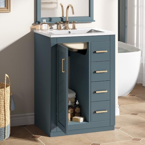 Image of 24 Inch Bathroom Vanity with Ceramic Sink, Cabinet and 3 Drawers, Modern Freestanding Vanity for Small Bathroom (Blue)