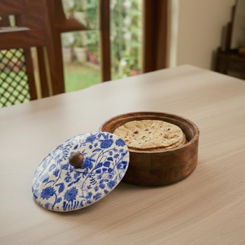 Image of ExclusiveLane 'Indigo Baagh' Wooden Chapati Box for Kitchen with Lid (21.8 cm, Mango Wood, Hand-Enameled, Multicolor) | Hot Case for Roti Casserole for Roti Box Hot Pot for Roti Kitchen