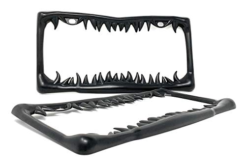 Superb Shark Tooth License Plate Frame (Black Painted Metal) With Screws Caps, Set Of 2 #TOP1