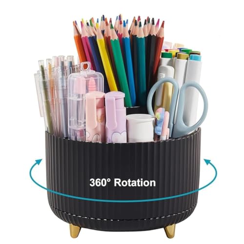 Pencil Holder for Desk Organizer, 360° Degree Rotating Pen Holder for Desk, 5 Slots Desktop Storage Stationery Supplies Organizer for Office School Home Art Supply, Black
