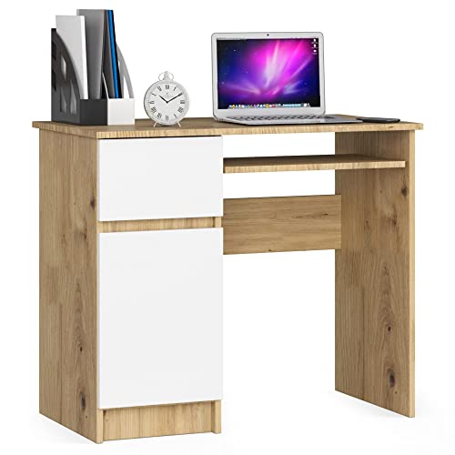 AKORD Piksel Schreibtisch Klein mit Schubladen | Computertisch | Bürotisch mit Tastaturablage | Schublade und Fach mit Tür | B90 x H77 x T50 cm | 30 kg | Schrank Links | Farbe: Artisan Eiche | Weiß