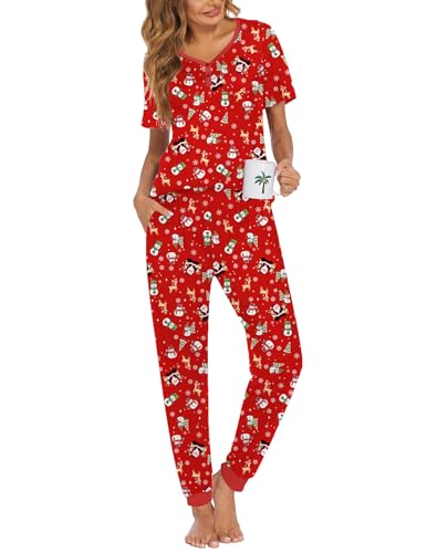 Image of Ekouaer Pajamas for Women Set 2 Piece Fall Lounge Sets Short Sleeve Pjs Joggers Long Pants Sleepwear with Pockets
