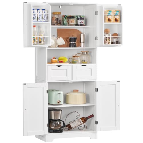 Image of TEENFON Kitchen Pantry Cabinet with Adjustable Shelf, Tall Storage Cabinet with 2 Drawers & 4 Door Shelves, Food Pantry Cabinets, for Kitchen, Dining Room, Living Room, White