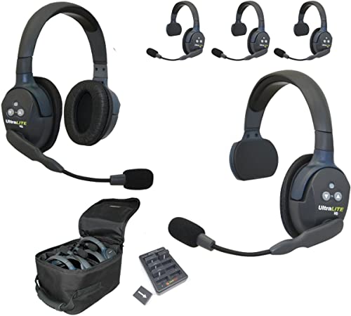 EARTEC UL541 5-Person Full Duplex Wireless Intercom with 4 Ultralite Single Ear Headsets and 1 Double Ear Headset