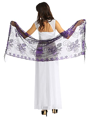 XUNZOO Women's Sheer Mesh Glitter Sparkling Sequin Pashmina Shawls Fringe Scarf Wraps for Evening Dress