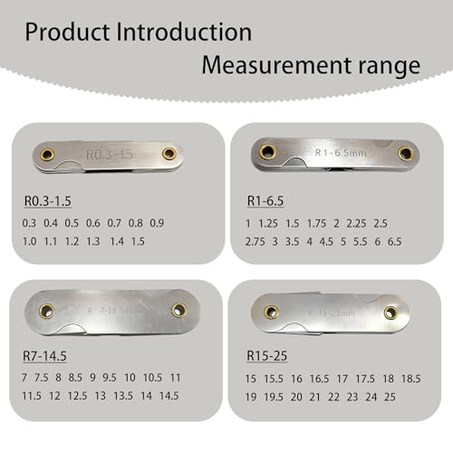 4-teiliges Set aus Edelstahl Radiuslehre für präzise Messungen: Fühlerlehre R0.3-1.5, Radiuslehre R1-6.5, Radienlehre R7-14.5, Radiusanzeige R15-25, Metall Radienlehre für Werkzeugmacher