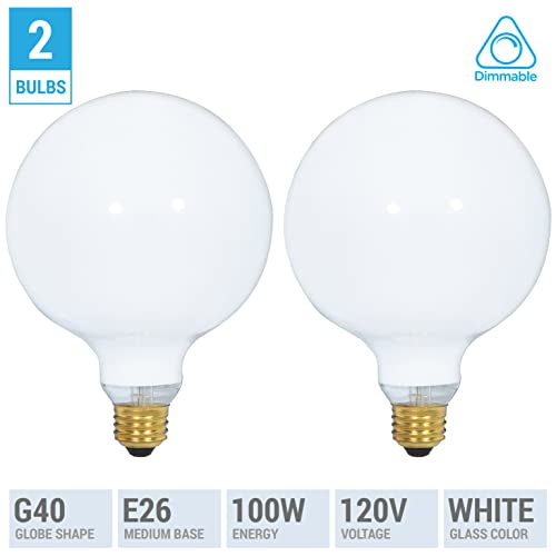 (2 Pack) G40 Incandescent Light Bulb 2700K Soft Light, Decorative Globe Light Bulbs,E26 Medium Base, Perfect Use For Decor, Pendant, Bathroom/Vanity Mirror Makeup, Dimmable. (White-Finish, 100-Watt) #TOP1