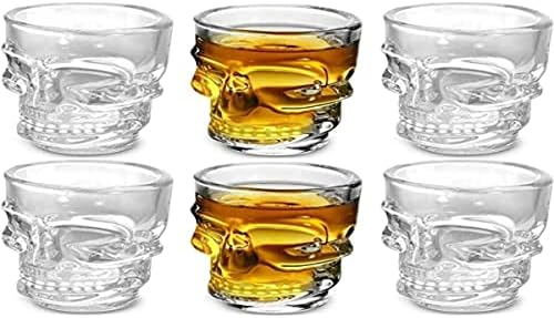 Circleware Skull Face Heavy Base Whiskey Shot Glasses, Set of 6, Party Home and Entertainment Dining Beverage Drinking Glassware for Brandy, Liquor, Bar Decor, Jello Cups, 1.75 oz, Clear