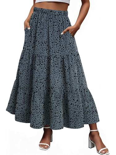 Magritta Women's Boho Maxi Beach Skirt Summer Flowy Long Tiered A-Line Elastic High Waist Pleated Misty Blue Leopard Small