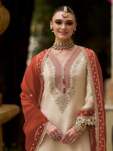 Image of INDO ERA Women's Silk Blend Embroidered Sequins Work Straight Kurta & Pant with Dupatta Set | Kurta Sets For Woman