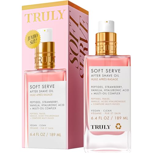Truly Beauty Soft Serve After Shave Oil Jumbo | Hydrating Treatment for Ingrowns & Irritation | Peptides, Hyaluronic Acid & Strawberry Extract | Strawberry Vanilla Scent (6.4 Fl Oz)