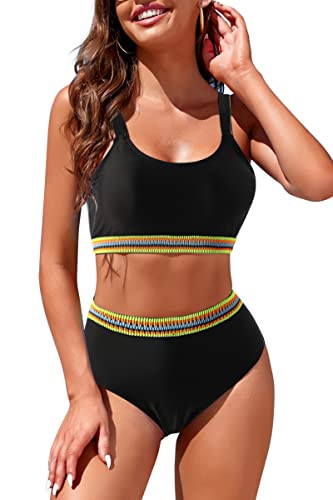 Image of Womens High Waisted Bikini Sets Sporty Crop Top Color Block Swimwear Bandeau Scoop Neck Vintage Two Piece Bathing Suits