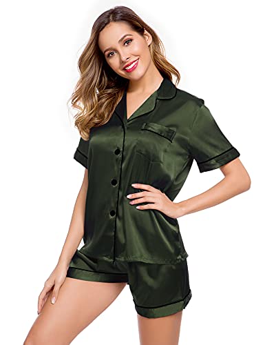 Image of LecGee Womens Silk Satin Pajamas Short Sleeve Loungewear Two-Piece Sleepwear Button-Down Pj Set