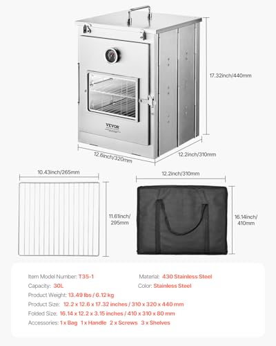 Image of VEVOR Foldable Camping Oven, Stainless Steel Portable Camping Stove, with 3 Tier Grill, Handle and Thermometer, Use with Wood Burning Fire, Propane Stoves, for Baking Bread, Pizza, Outdoor Cooking