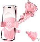 XINLIYA Car Phone Holder, 360° Rotation Strong Suction Cup Dashboard Air Vent Smartphone Stand with Metal Hook, Automotive Interior Windshield Dash Cellphone Mount, Universal Fit (Pink)