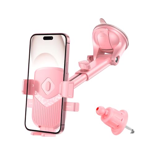SWPHRT Car Phone Holder Strong Suction Vehicle Dashboard Windshield Air Vent Cellphone Mount Cradle Adjustable Hands Free Automotive Smartphone Stand Accessories Universal Fit (Pink)
