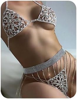 Xerling Silver Rhinestone Body Chain Bikini Set Bra Harness Chain with Panties Thong Chain Women Body Jewelry
