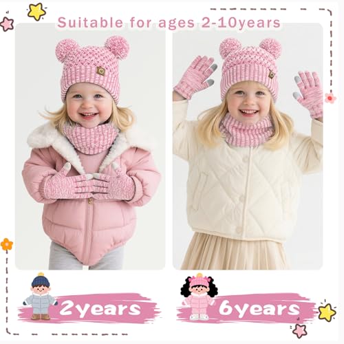 Image of Kids Winter Hat Gloves Scarf Set,Toddler Girls Winter Hat Kids Beanie with Pom Neck Warmer Gaiter Mittens Fleece Lined Set