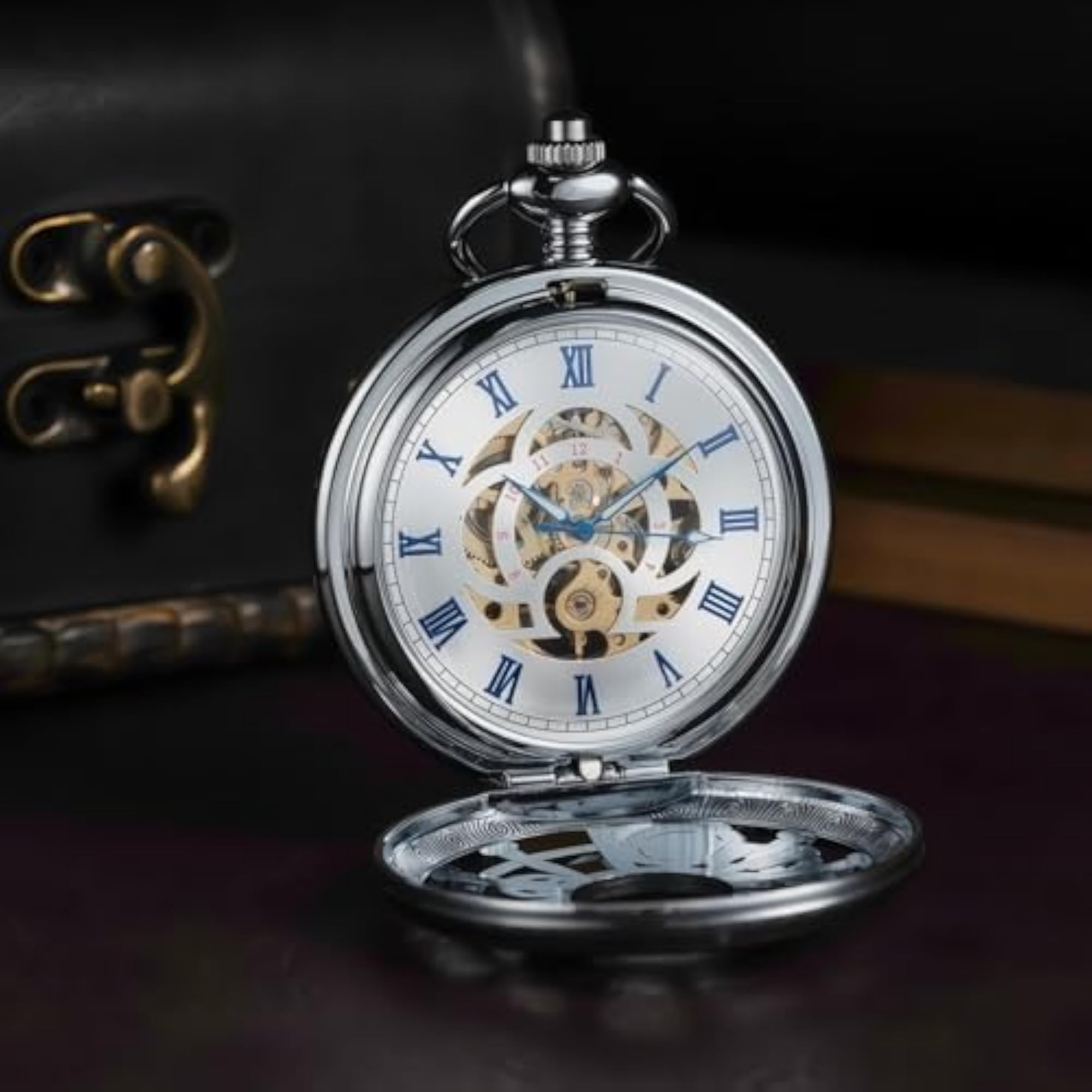 Steampunk Skeleton Mechanical Pocket Watch with Antique Chain