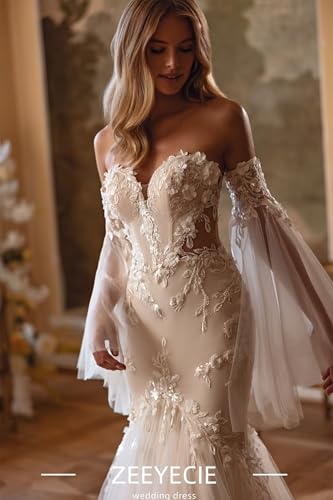 Zeeyecie Off Shoulder Tulle Wedding Dresses Mermaid Lace Applique Sparkly Long Sleeve Bridal Gowns with Train for Brides4
