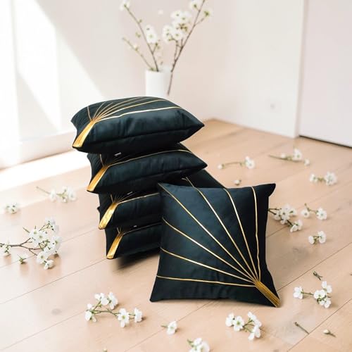 Image of Home Velvet Cushion Cover with Golden Stripes, Aqua Pack of 5, 16x16 to 26x26 Inch (Black, 26x26in)
