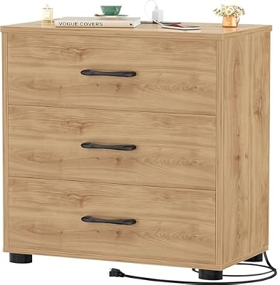 Aheaplus Night Stand with Charger Station, 21.7'' Wider Nightstands with 3 Wooden Drawers, Large Bedside Table, Modern Tall End Side Table, Nightstand for Bedroom, Natural Oak1