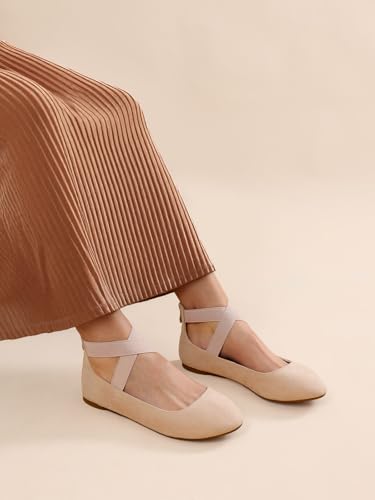 DREAM PAIRS Womens Ballerina Flat Fashion Elastic Ankle Straps Cross Strap Round Toe Comfy Ballet Pumps Dolly Shoes,Size 6.5,Nude,Sole_Stretchy - Image 6