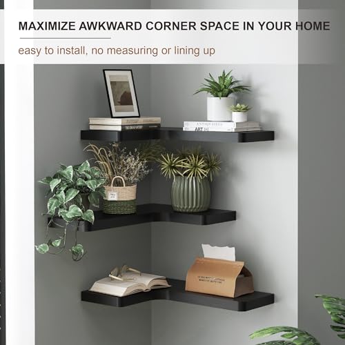 fuqing Corner Floating Shelves for Storage, Set of 3, Solid Wood, Wall Mount Wooden Display Shelf for Bathroom Bedroom Kitchen Garage, Black by fuqing - Image 5