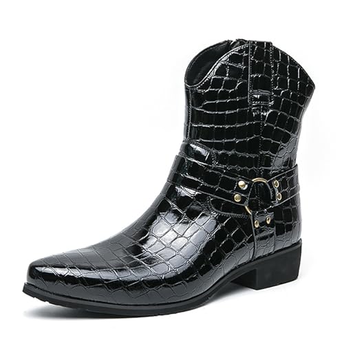 Men'S Leather Printed Western Cowboy Boots Fashionable Pointed Side Zipper Comfortable Low Block Heel Business Dress Boots Outdoor Combat Motorcycle Shoes